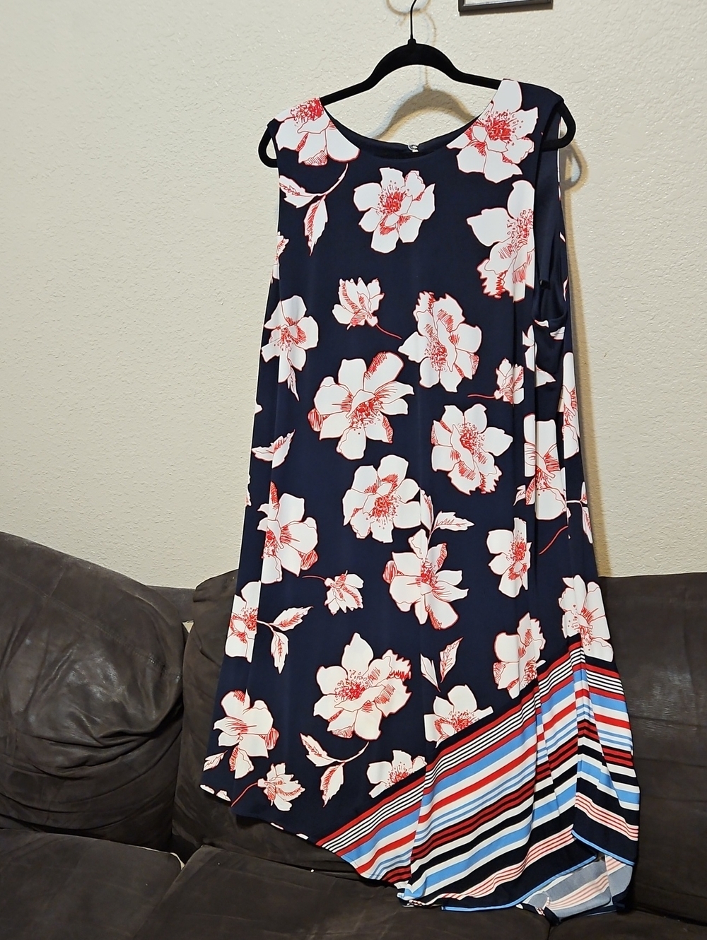 Navy Floral Maxi Dress with Stripe Hem